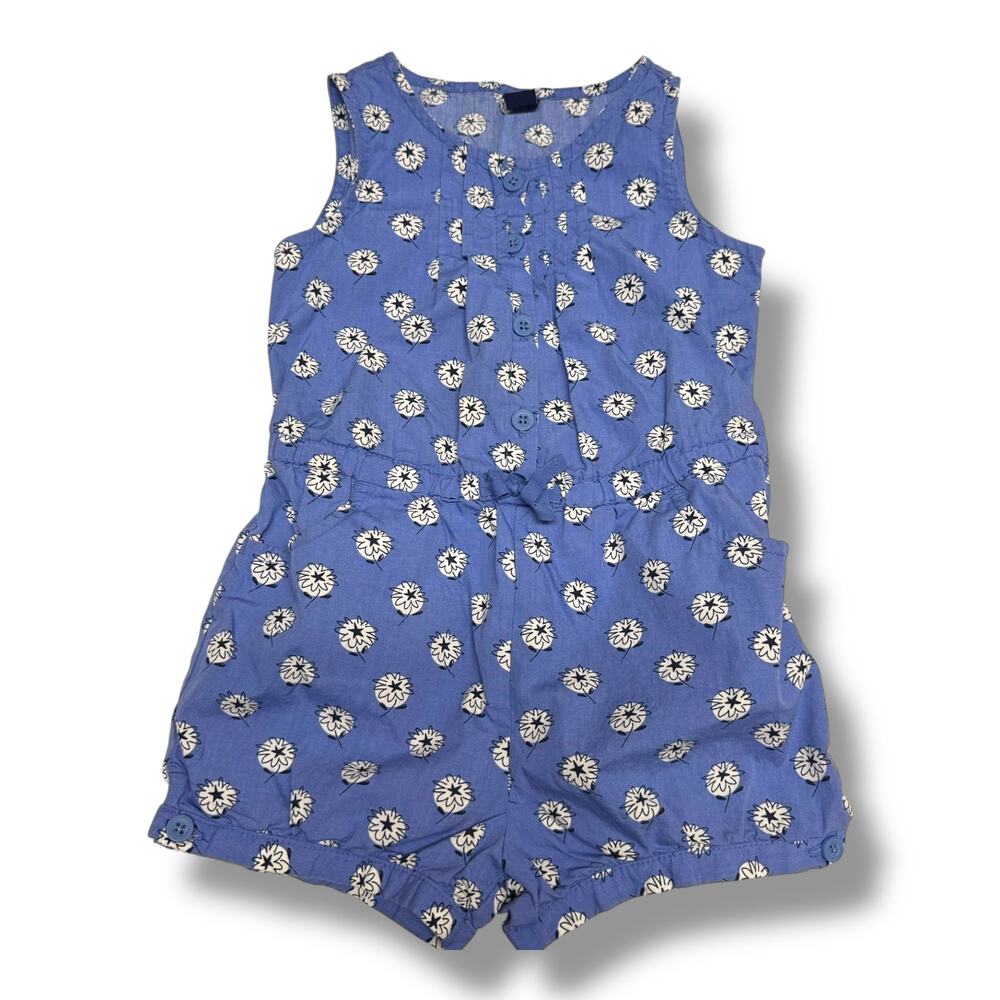Gap Girls Romper Cabana Blue Floral Size 4 Cotton‎ Buttons Pockets